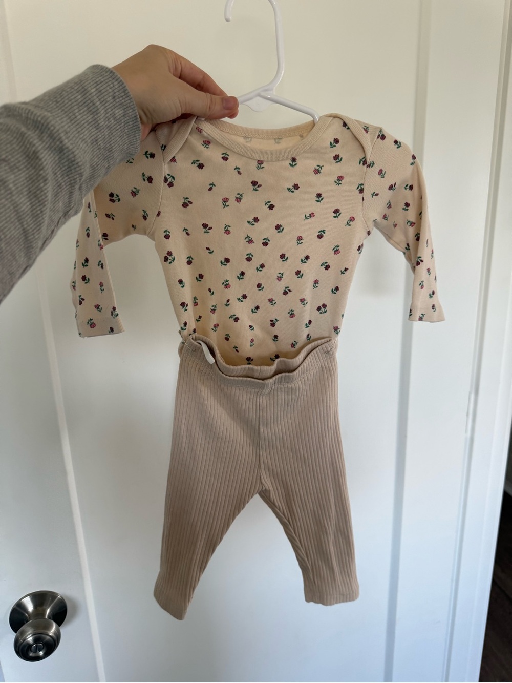 H&M 6 month outfit Soft Floral Long-Sleeve One-Piece with Ribbed Pants - Pink